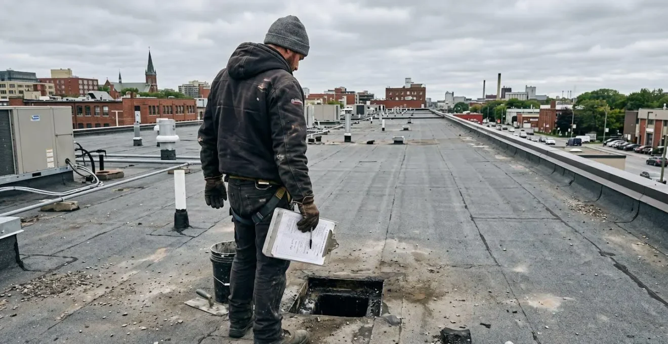 Couvreur vu de dos inspectant un drain de toit plat avec des gants de travail et une liste de vérification en main sous un ciel nuageux québécois