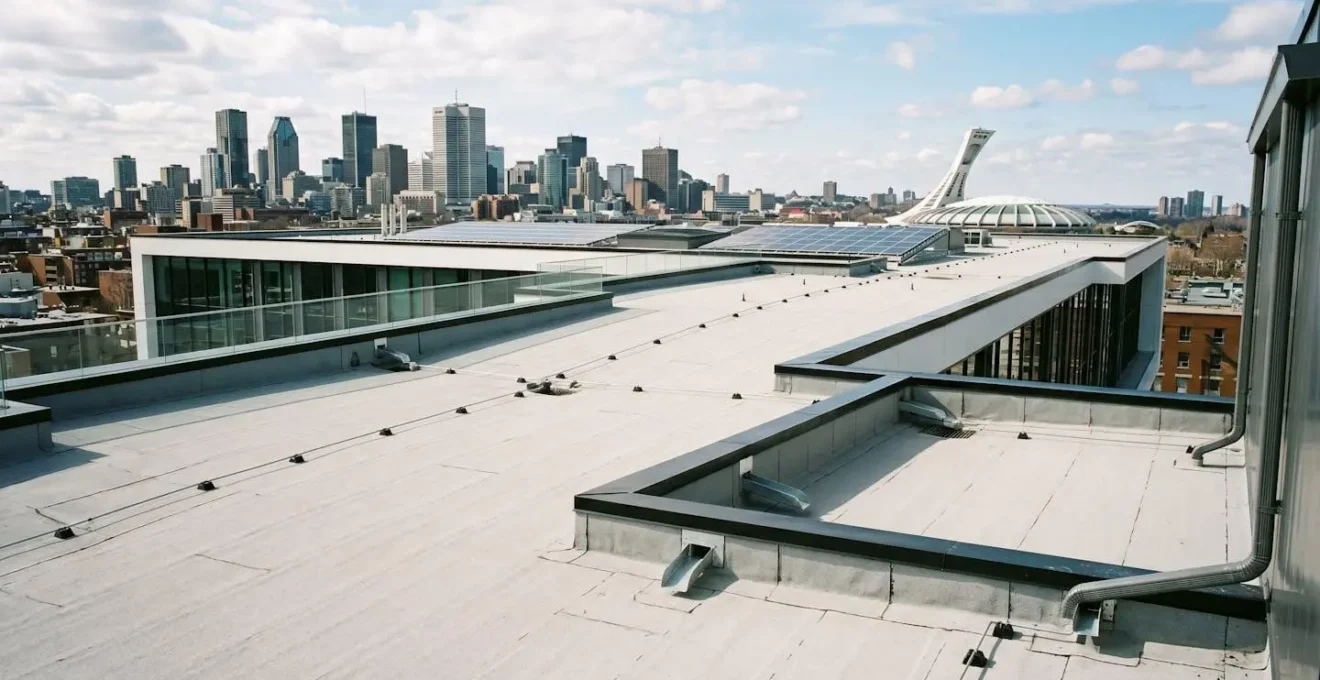 Vue aérienne d'un toit plat commercial moderne avec membrane élastomère grise et système de drainage visible sous un ciel dégagé à Montréal