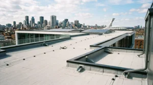 Vue aérienne d'un toit plat commercial moderne avec membrane élastomère grise et système de drainage visible sous un ciel dégagé à Montréal