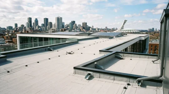 Vue aérienne d'un toit plat commercial moderne avec membrane élastomère grise et système de drainage visible sous un ciel dégagé à Montréal