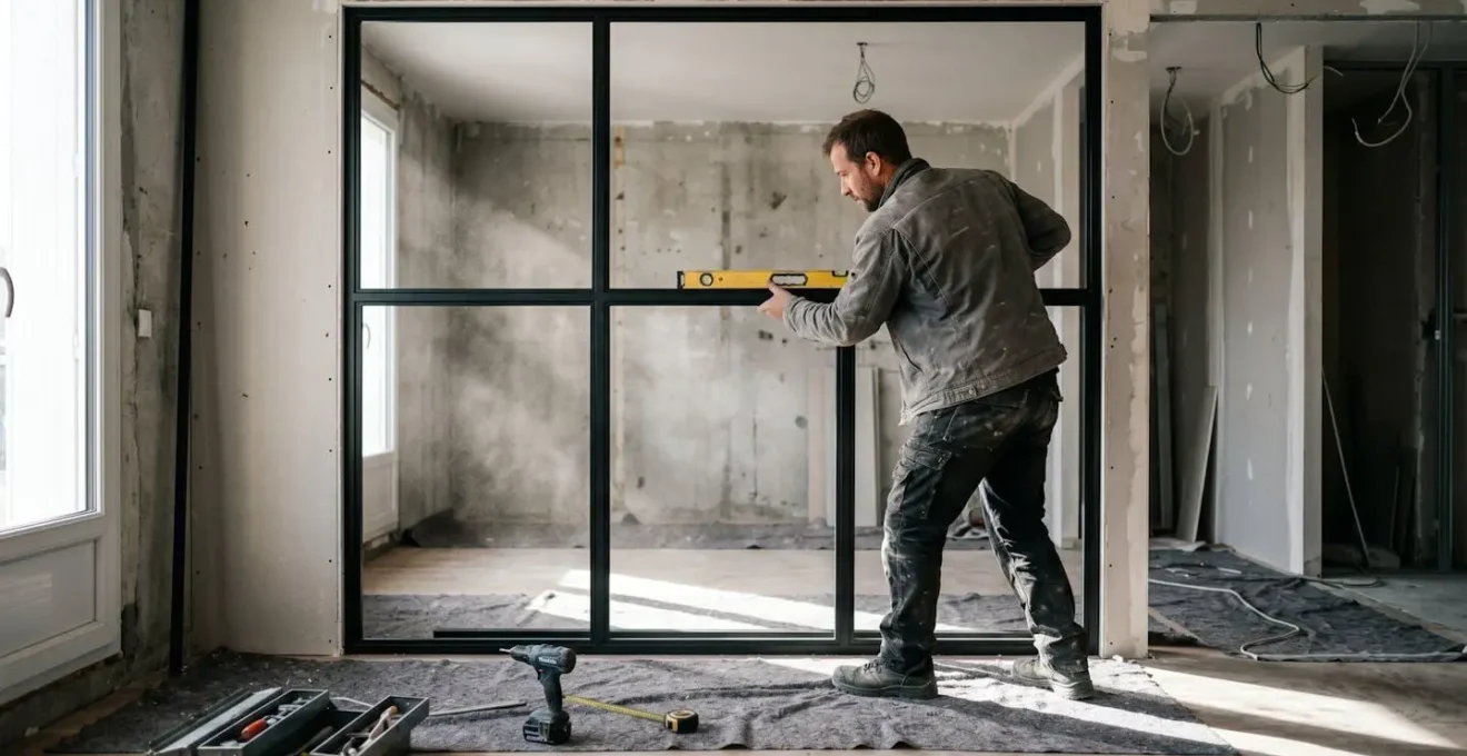 Artisan professionnel installant le cadre métallique noir d'une verrière intérieure sur-mesure dans un petit appartement en rénovation, outils au sol et chantier en cours
