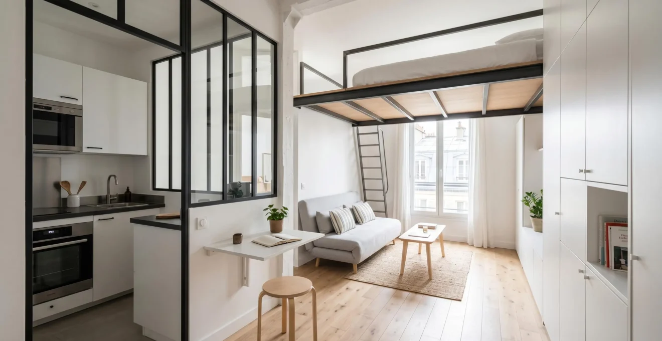 Intérieur d'un studio parisien de 30m² optimisé avec mezzanine couchage, verrière séparation, bureau escamotable et rangements muraux blancs sur toute hauteur, illustrant l'aménagement fonctionnel d'un petit espace par l'architecture d'intérieur