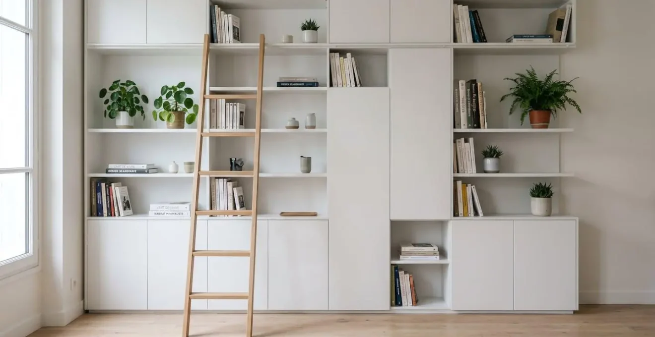 Système de rangements muraux modulaires blancs du sol au plafond dans un petit appartement, avec échelle en bois clair pour accès aux étagères hautes, illustrant l'exploitation de la verticalité pour optimiser le stockage